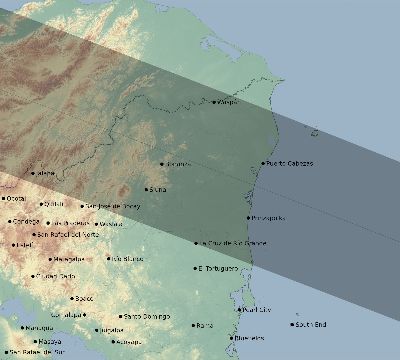 Map of the eclipse path across Nicaragua on 06/10/1611