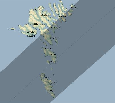 Map of the eclipse path across Faroe Islands on 05/30/1612