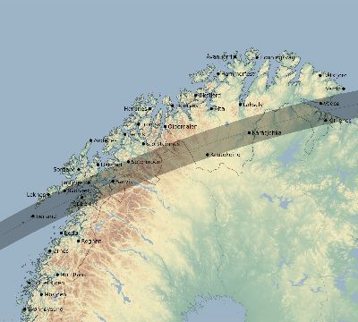 Map of the eclipse path across Norway on 05/30/1612