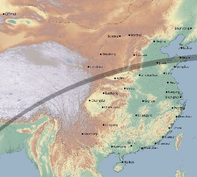 Map of the eclipse path across China on 03/29/1615