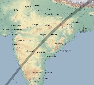 Map of the eclipse path across India on 03/29/1615