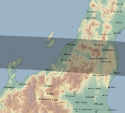 Map of the eclipse path across Japan on 03/29/1615
