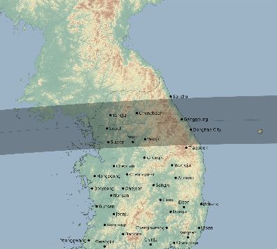 Map of the eclipse path across South Korea on 03/29/1615