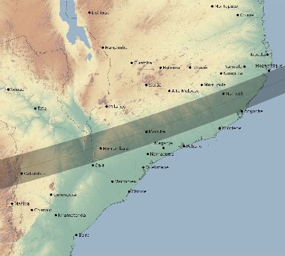 Map of the eclipse path across Mozambique on 03/29/1615