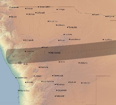 Map of the eclipse path across Namibia on 03/29/1615