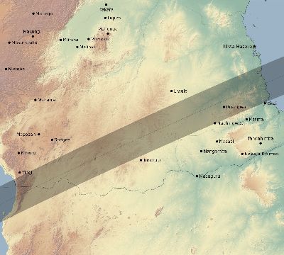 Map of the eclipse path across Tanzania on 01/26/1618