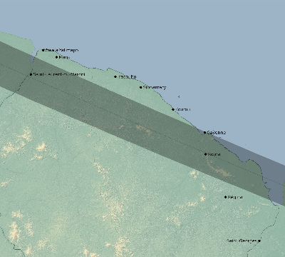 Map of the eclipse path across French Guiana on 07/21/1618