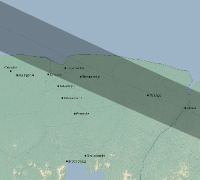 Map of the eclipse path across Suriname on 07/21/1618