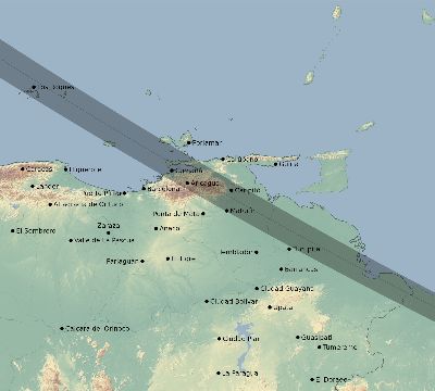 Map of the eclipse path across Venezuela on 07/21/1618