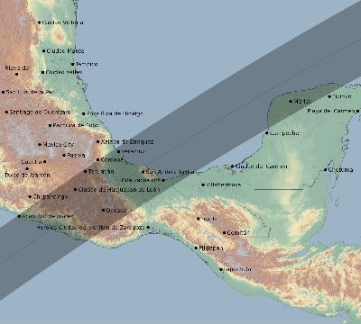 Map of the eclipse path across Mexico on 01/15/1619