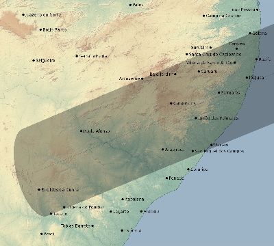 Map of the eclipse path across Brazil on 07/11/1619