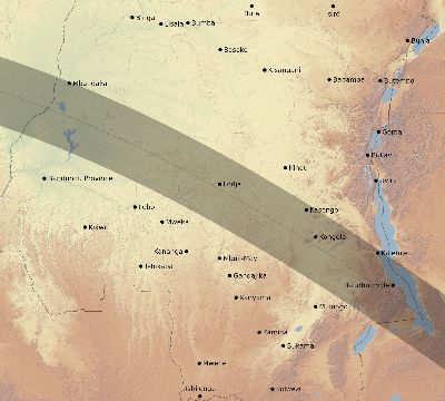 Map of the eclipse path across DR Congo on 07/11/1619