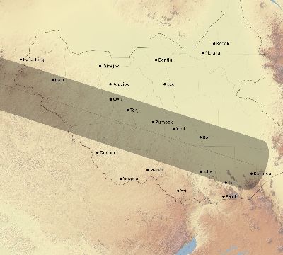 Map of the eclipse path across South Sudan on 05/10/1622