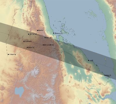 Map of the eclipse path across Eritrea on 11/03/1622