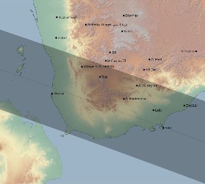 Map of the eclipse path across Yemen on 11/03/1622