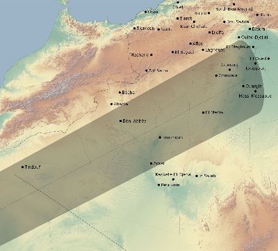 Map of the eclipse path across Algeria on 12/25/1628