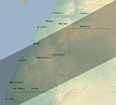 Map of the eclipse path across Western Sahara on 12/25/1628