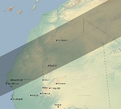 Map of the eclipse path across Mauritania on 12/25/1628