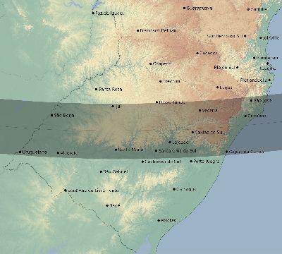 Map of the eclipse path across Brazil on 12/14/1629
