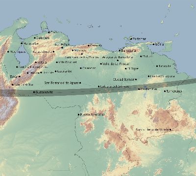 Map of the eclipse path across Venezuela on 10/13/1632