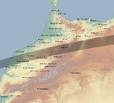 Map of the eclipse path across Morocco on 04/08/1633