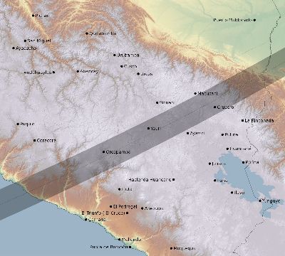 Map of the eclipse path across Peru on 04/08/1633