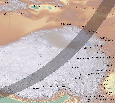 Map of the eclipse path across China on 03/29/1634