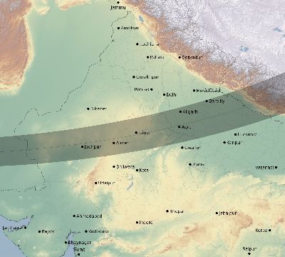 Map of the eclipse path across India on 03/29/1634