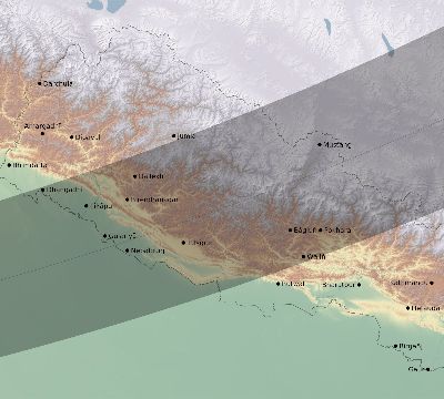 Map of the eclipse path across Nepal on 03/29/1634
