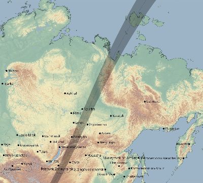Map of the eclipse path across Russia on 03/29/1634