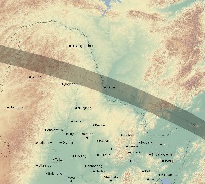 Map of the eclipse path across China on 08/01/1636