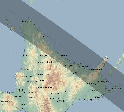 Map of the eclipse path across Japan on 08/01/1636