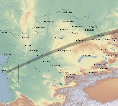 Map of the eclipse path across Kazakhstan on 08/01/1636