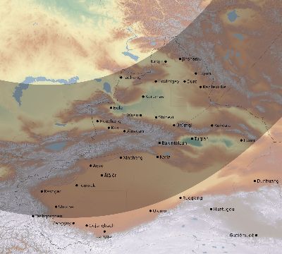 Map of the eclipse path across China on 01/15/1638