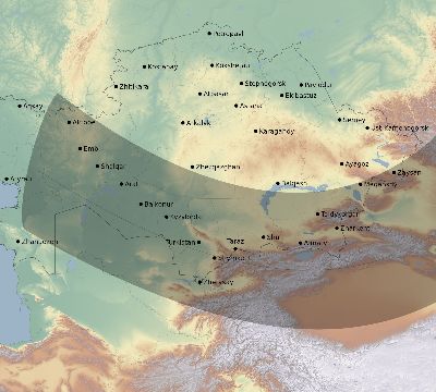 Map of the eclipse path across Kazakhstan on 01/15/1638