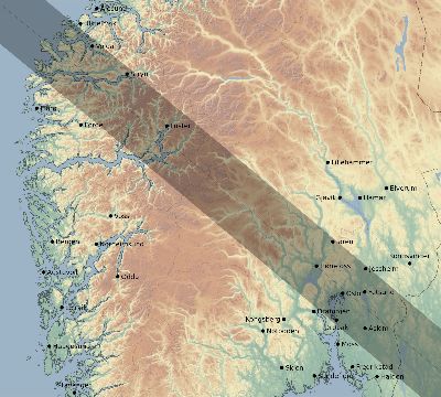 Map of the eclipse path across Norway on 06/01/1639