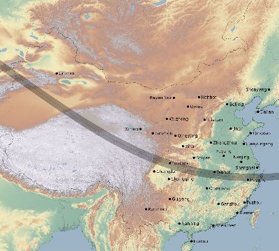 Map of the eclipse path across China on 11/03/1641