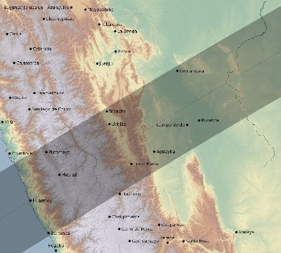 Map of the eclipse path across Peru on 03/08/1644