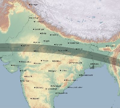 Map of the eclipse path across India on 09/01/1644