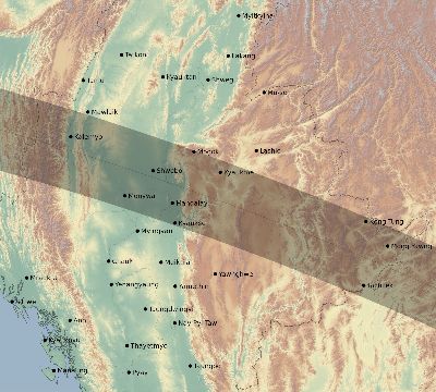 Map of the eclipse path across Myanmar on 09/01/1644