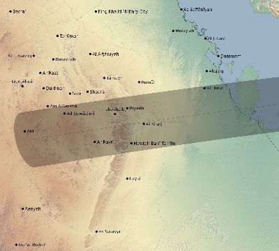 Map of the eclipse path across Saudi Arabia on 09/01/1644
