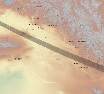 Map of the eclipse path across China on 08/21/1645