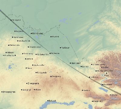 Map of the eclipse path across Kazakhstan on 08/21/1645