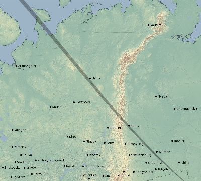 Map of the eclipse path across Russia on 08/21/1645