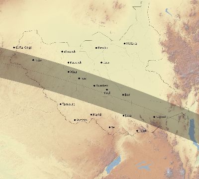 Map of the eclipse path across South Sudan on 07/02/1647