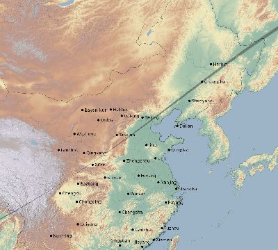 Map of the eclipse path across China on 06/21/1648