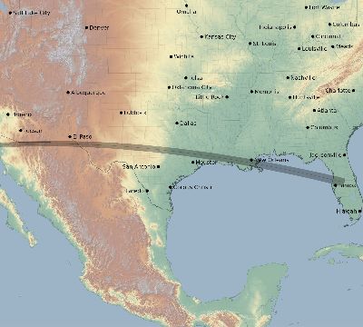 Map of the eclipse path across United States on 04/19/1651