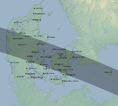 Map of the eclipse path across Denmark on 08/12/1654