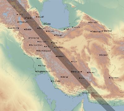Map of the eclipse path across Iran on 08/12/1654