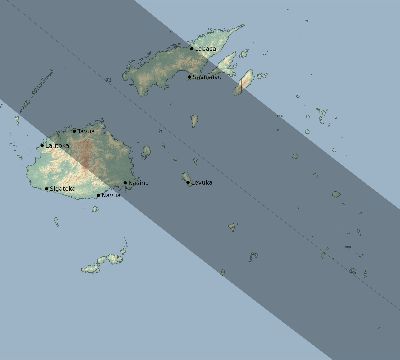 Map of the eclipse path across Fiji on 08/02/1655